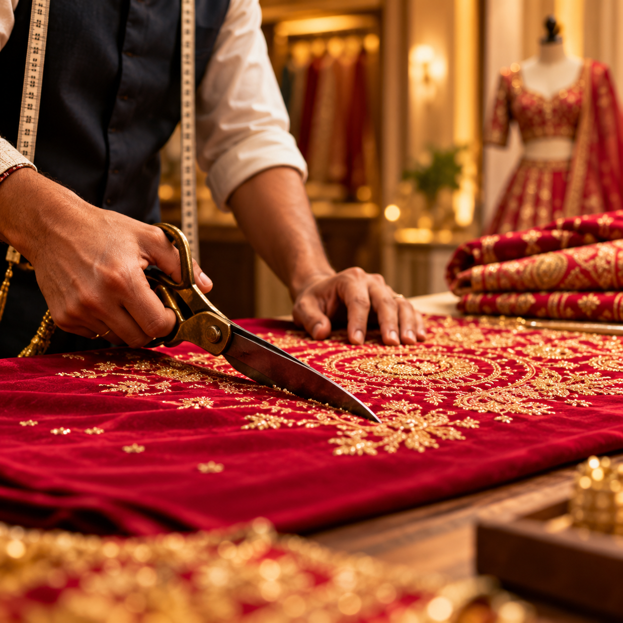Tailor cutting red embroidered fabric with scissors