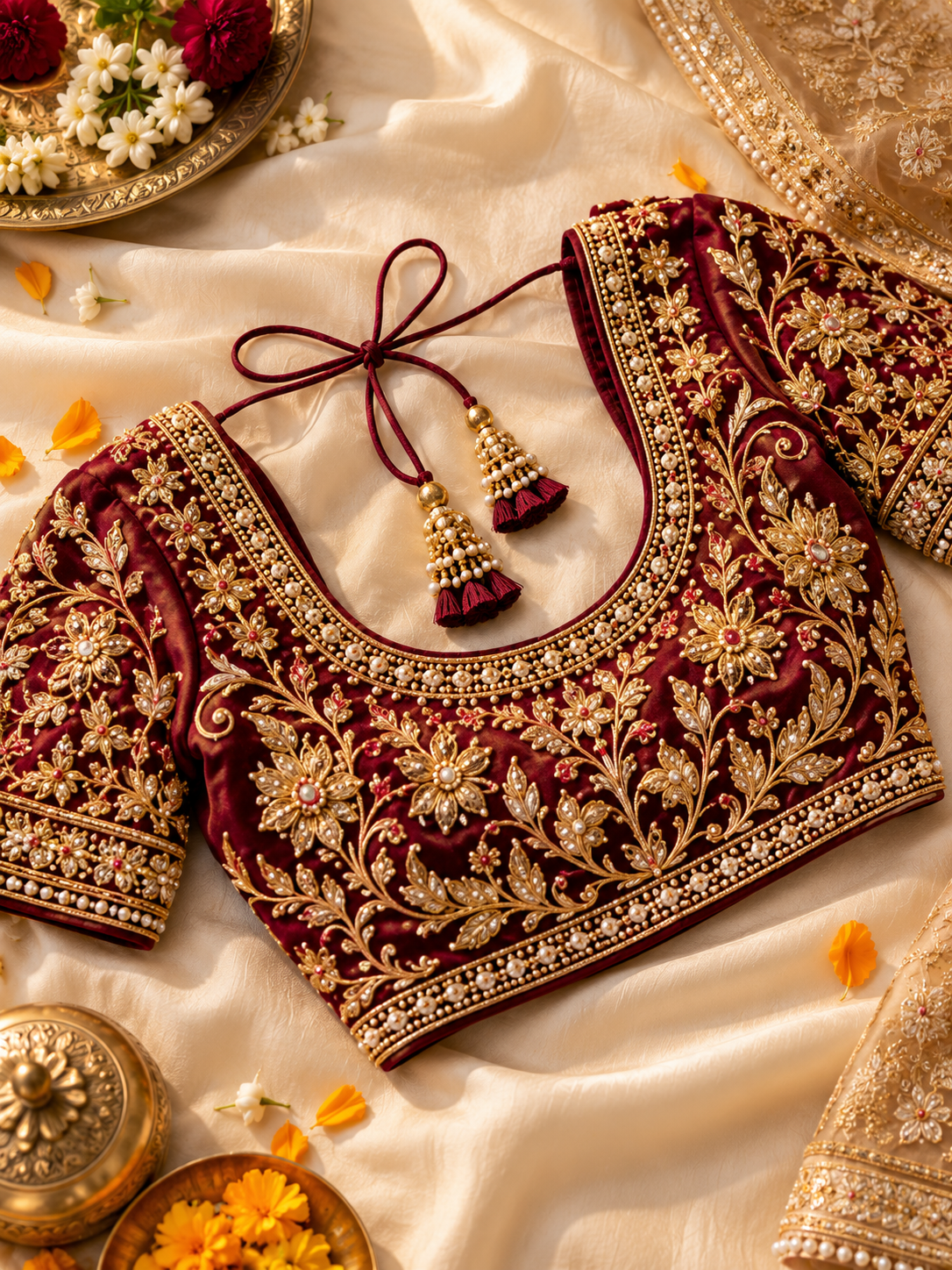 Gold embroidered maroon blouse