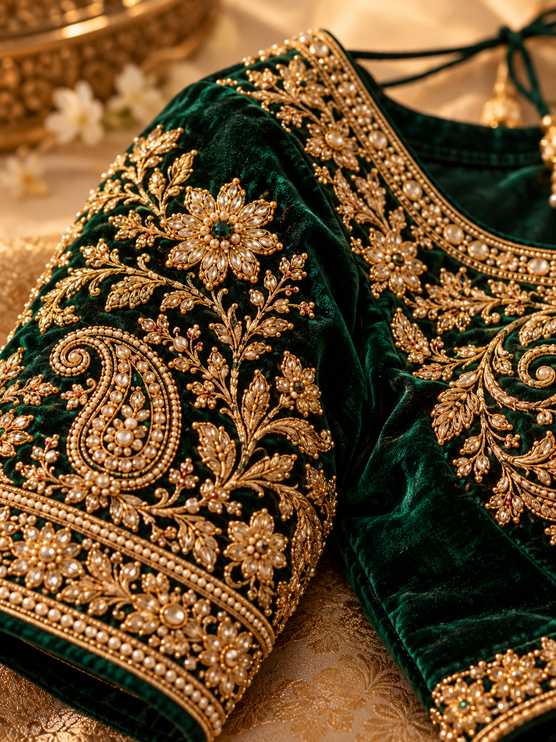 Green and gold embroidered blouse