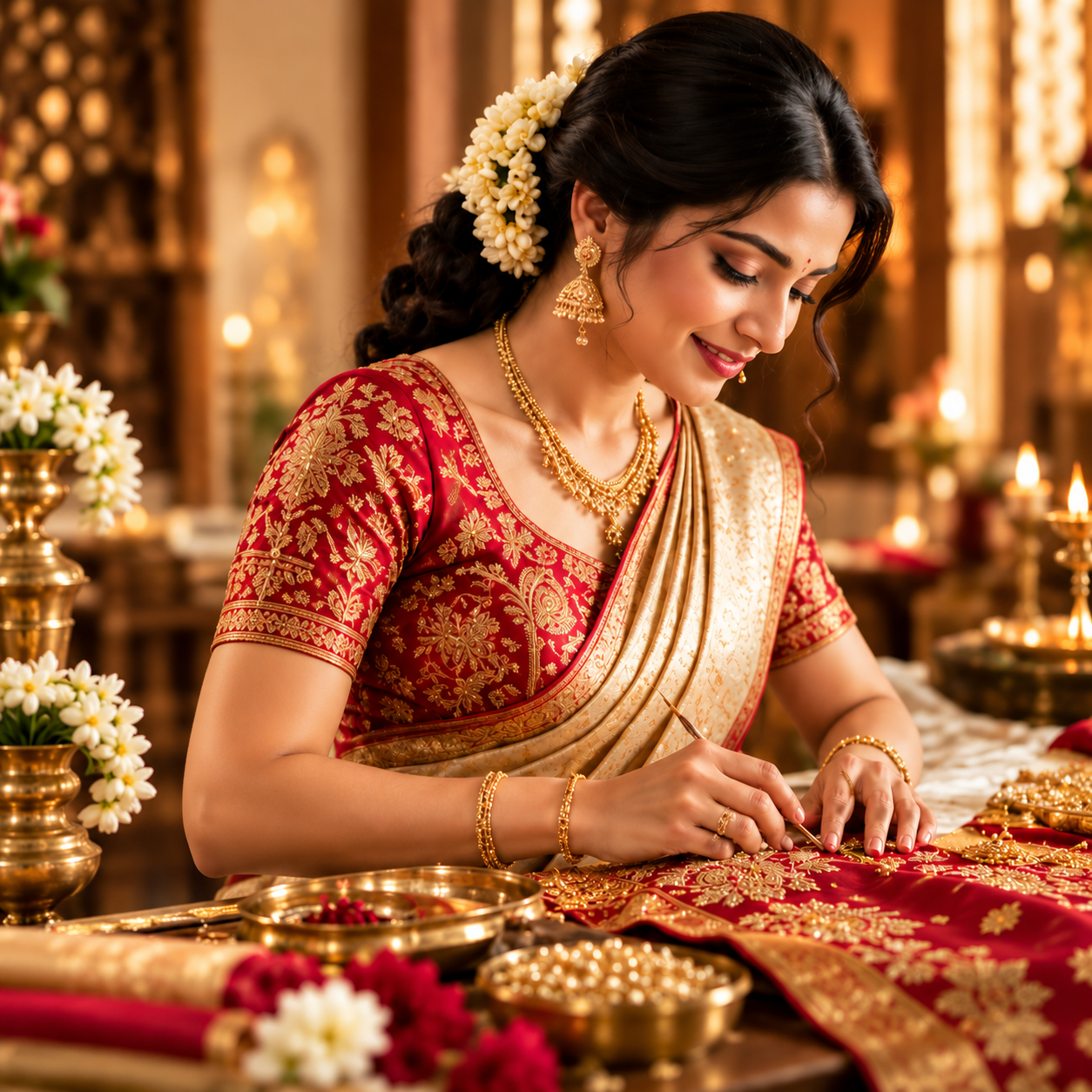 Woman in traditional silk saree designing an outfit
